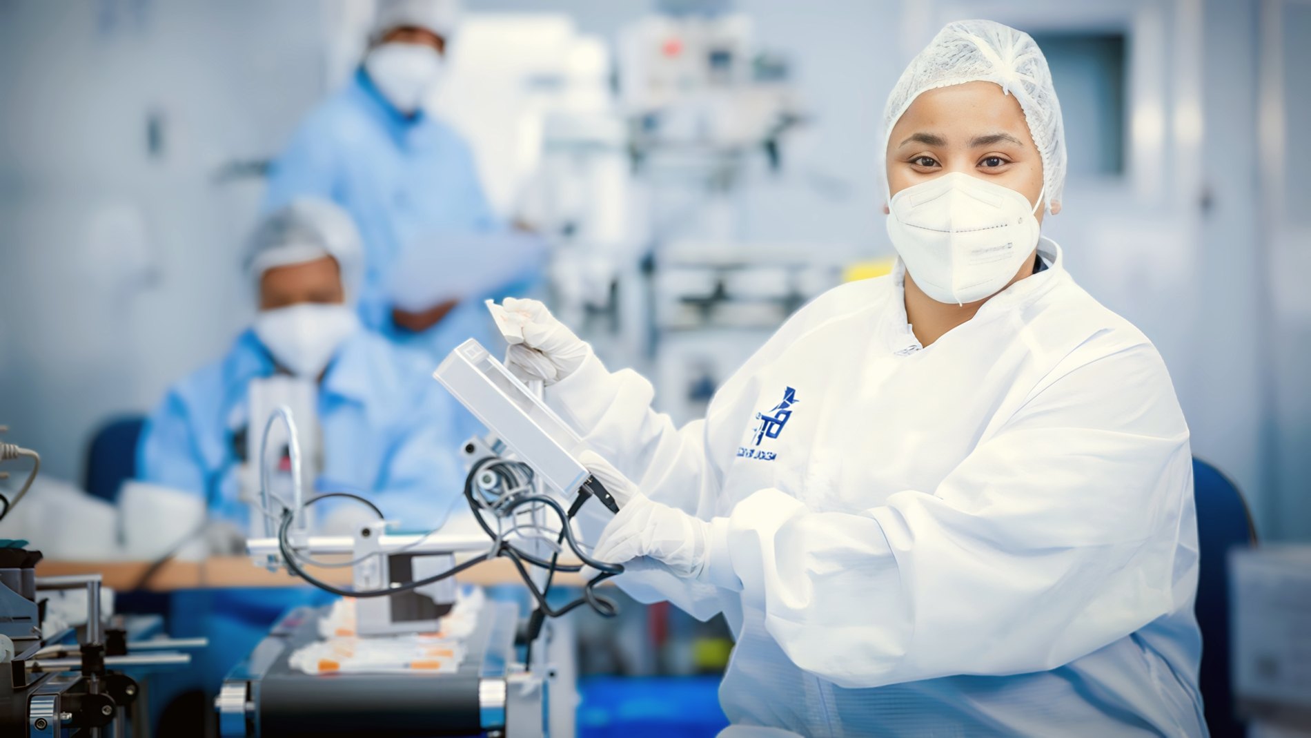 A scientist assembling a precision medical device in the clean room